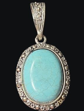 Vintage-Style Faux Oval Turquoise Silver-Tone Ornate Pendant